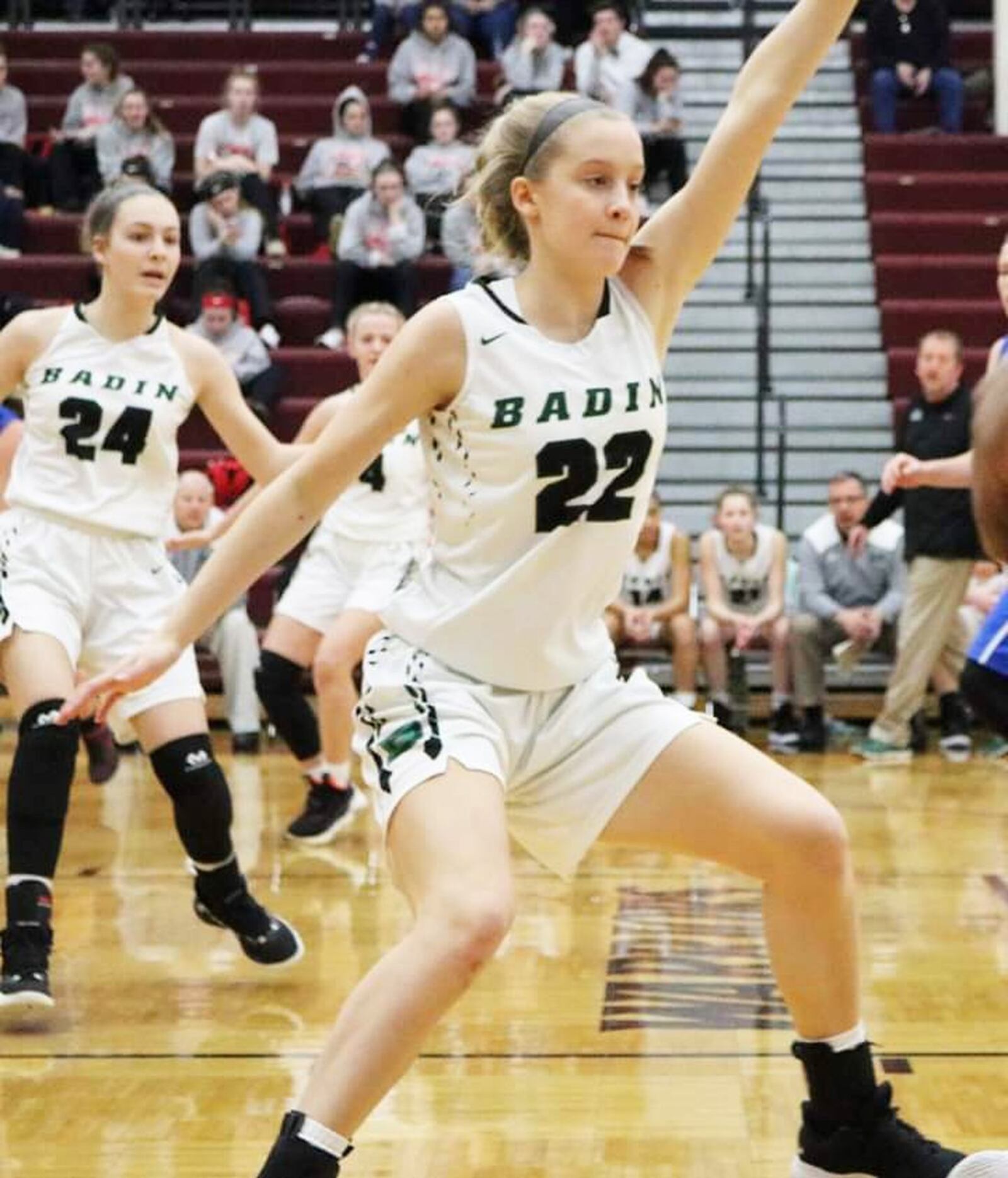 Badin’s Jada Pohlen (22) defends during the Rams’ 54-10 win over Clinton-Massie in a Division II sectional opener Saturday afternoon at Lebanon. CONTRIBUTED PHOTO BY TERRI ADAMS