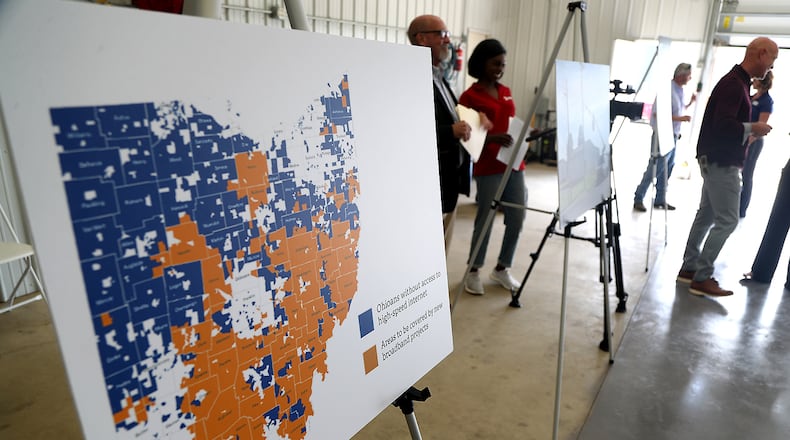 A map showing the Ohioans without access to high speed internet Monday, August 8, 2022 during a ribbon cutting ceremony to official launch broadband service to 415 rural homes in eastern Clark County. BILL LACKEY/STAFF