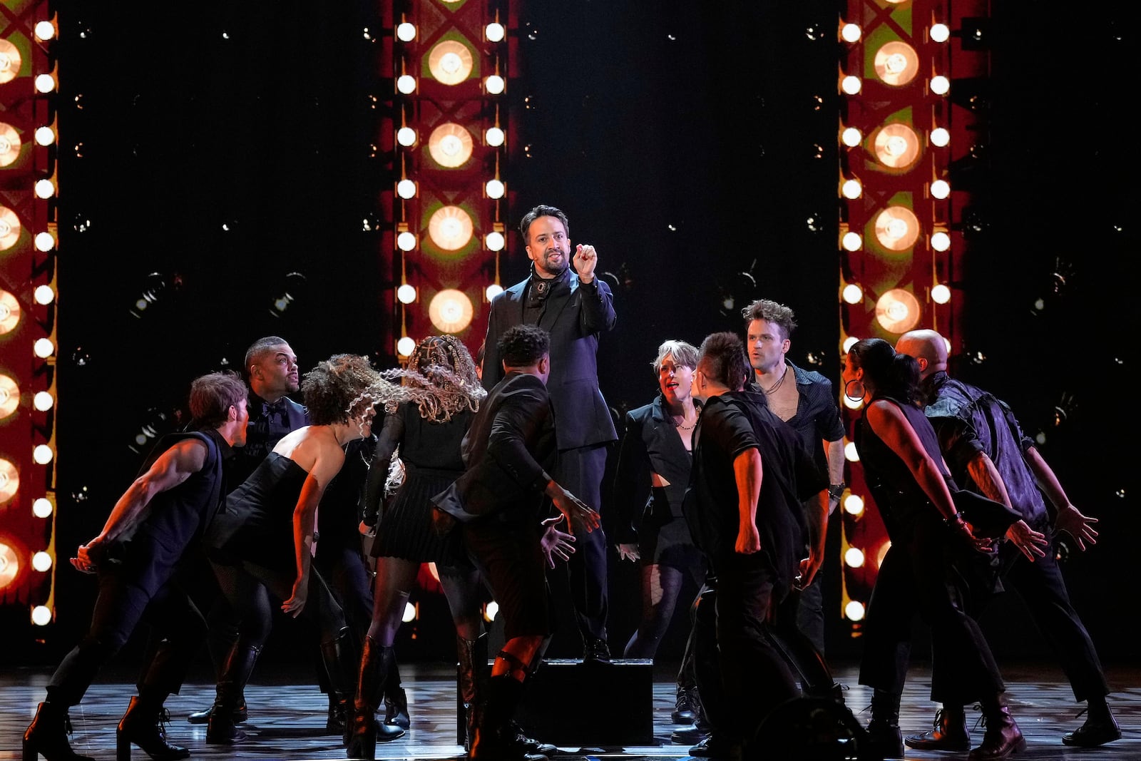 Lin-Manuel Miranda, center, performs a medley from "Hamilton" during the 78th Tony Awards on Sunday, June 8, 2025, at Radio City Music Hall in New York. (Photo by Charles Sykes/Invision/AP)