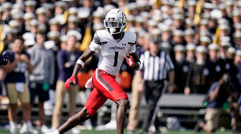 FILE - In this Oct. 23, 2021, file photo, Cincinnati cornerback Ahmad Gardner watches a play develop during the first half of the team's NCAA college football game against Navy in Annapolis, Md. Gardner is nicknamed Sauce and is the Bearcats' best player. The long-armed lockdown corner from Detroit picked Cincinnati over Indiana, Kentucky and other P5s in 2019 and has developed into a potential first-round pick. (AP Photo/Julio Cortez, File)