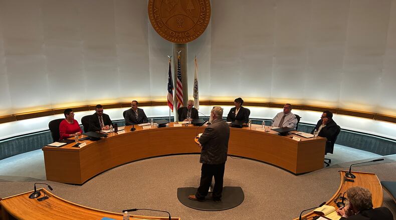 Seven candidates for Middletown City Council attended a forum Wednesday night in Council Chambers. From left, write-in candidate Kristi Asbury, Clayton Castle, John Ferrando, mayor candidates Joe Mulligan and Elizabeth Slamka, and Jeffrey Wellbaum and Steven West II. Jennifer Burg-Carter was unable to attend due to a scheduling conflict. Journal-News reporter Michael Pitman served as moderator. RICK McCRABB/STAFF