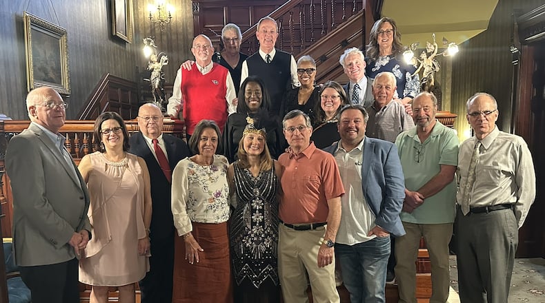 Members of the Middletown Rotary Club recently gathered at the Sorg Manson to celebrate the club's 100th birthday. Front row, from left: Tom Hazelbaker, Diana Whigham, Ron Spaulding, Debbie Hazelbaker, Traci Barnett, Mark Barnett, Jay Nemeth, Ken Jaffe and Steve Whayne; second row: Deborah Patterson, Sarah Nathan and Jim Burke; back row: Stu Locke, Jeanette Locke, Mark McClure, Karen Eatmon, Joe Mulligan and Kristy Duritsch. SUBMITTED PHOTO