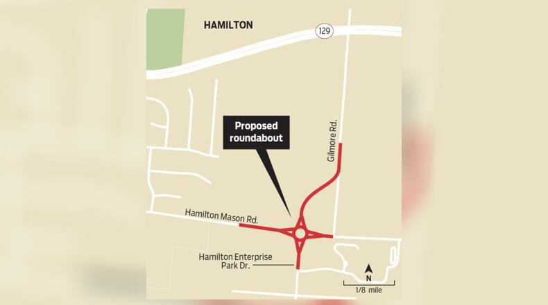 The new roundabout set for Gilmore Road, Hamilton-Mason Road and Hamilton Enterprise Park Drive is set to start on Aug. 5, and wrap up on Nov. 1. STAFF