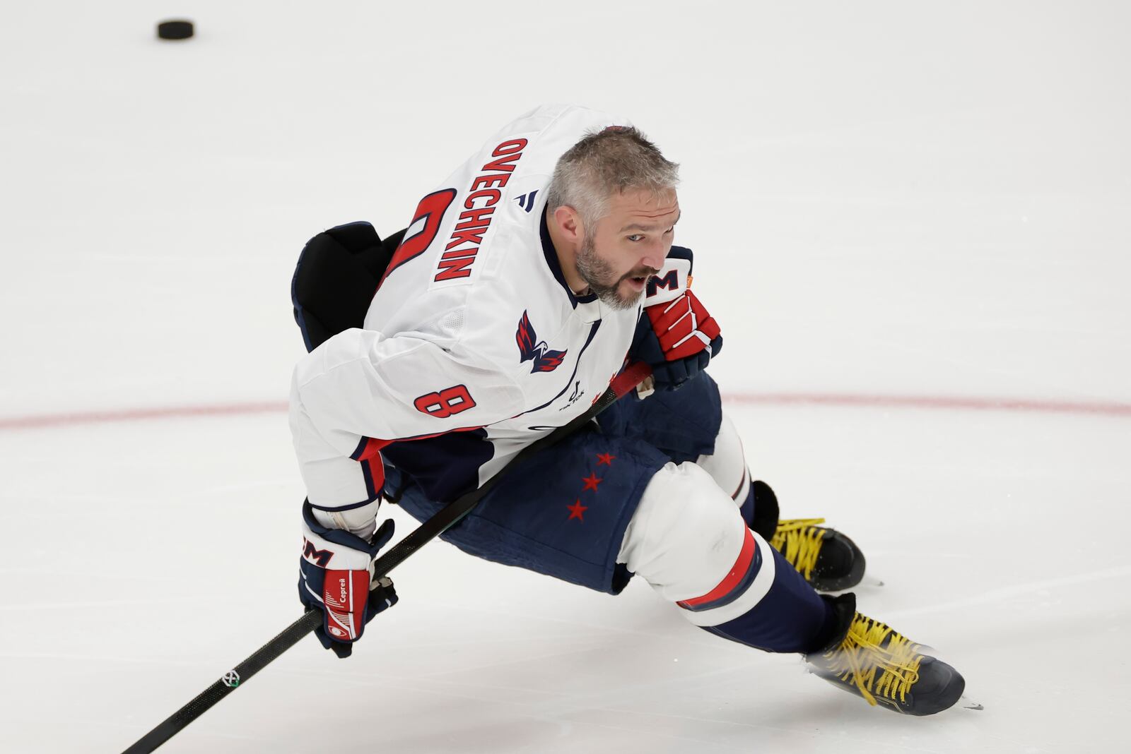 Washington Capitals left wing Alex Ovechkin warms-up before an NHL hockey game against New York Islanders in Elmont, N.Y., Sunday, April 6, 2025. (AP Photo/Adam Hunger)