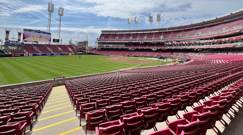The scene at Great American Ball Park on Thursday, March 27, 2025, before an Opening Day game between the Reds and Giants at Great American Ball Park in Cincinnati. David Jablonski/Staff