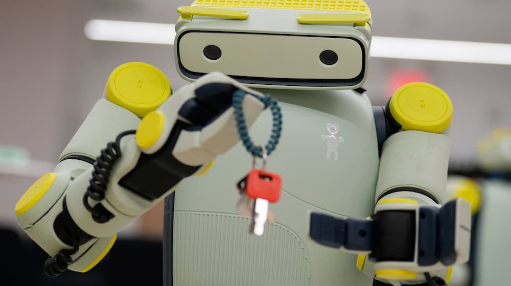 FILE - While being operated remotely, Fauna Robotics' new robot named Sprout shows off its dexterity in New York, Jan. 14, 2026. (AP Photo/Seth Wenig, File)