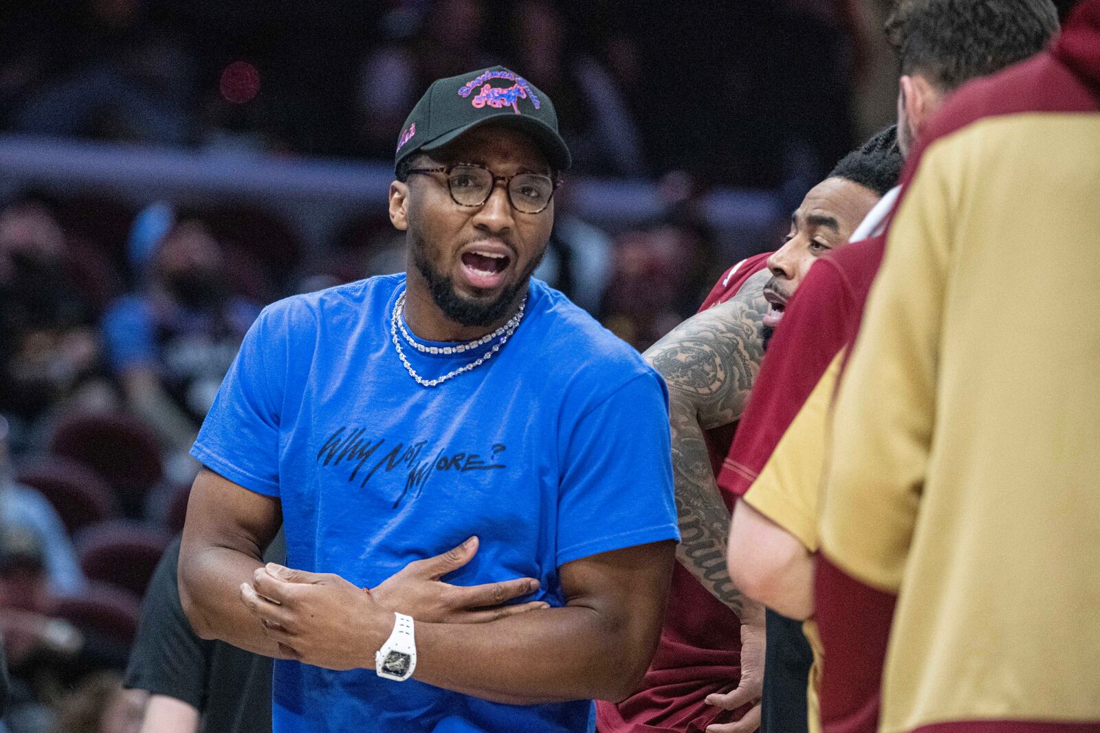 Cleveland Cavaliers' Donovan Mitchell cheers his Cavaliers team near the end of the second half of an NBA basketball game against the Chicago Bulls in Cleveland, Tuesday, April 8, 2025. (AP Photo/Phil Long)