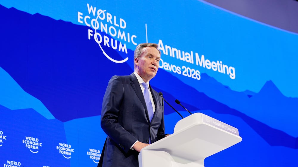 FILE - CEO of the World Economic Forum Borge Brende talks during of the Annual Meeting of the World Economic Forum in Davos, Switzerland, Tuesday, Jan. 20, 2026. (AP Photo/Markus Schreiber, File)
