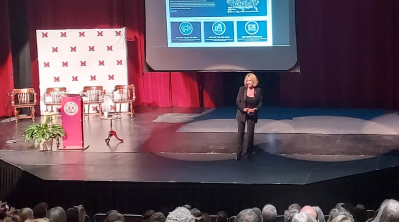 Advocate Erin Brockovich addresses a sold-out crowd at Miami University Middletown on March 9, 2023. GINNY MCCABE/CONTRIBUTED