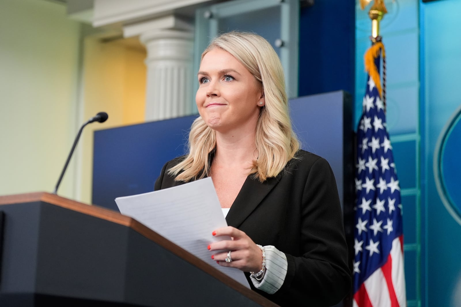 White House press secretary Karoline Leavitt speaks with reporters in the James Brady Press Briefing Room at the White House, Monday, July 7, 2025, in Washington. (AP Photo/Alex Brandon)