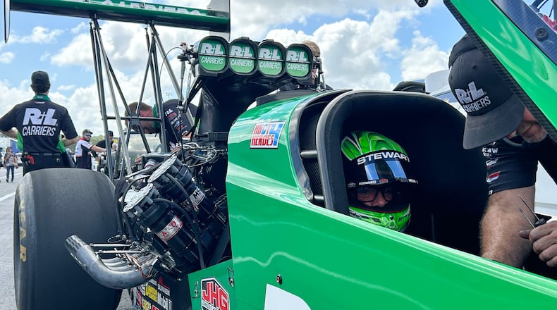 NHRA driver Tony Stewart awaits a qualifying run at the Gatornationals, Saturday, March 7, 2026, in Gainesville, Fla. (AP Photo/Mark Long)