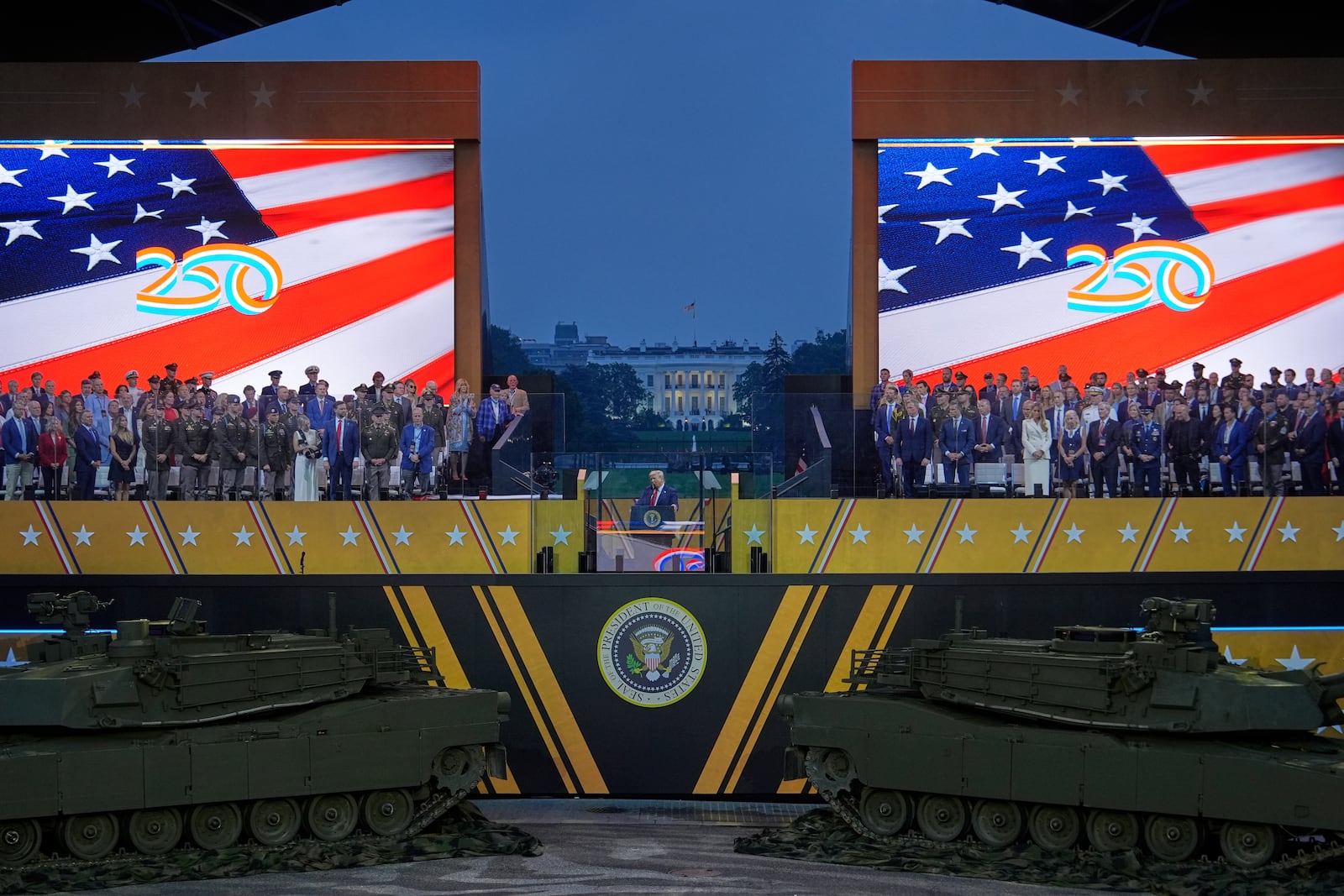 President Donald Trump speaks during a military parade commemorating the Army's 250th anniversary Saturday, June 14, 2025, in Washington. (AP Photo/Julia Demaree Nikhinson)