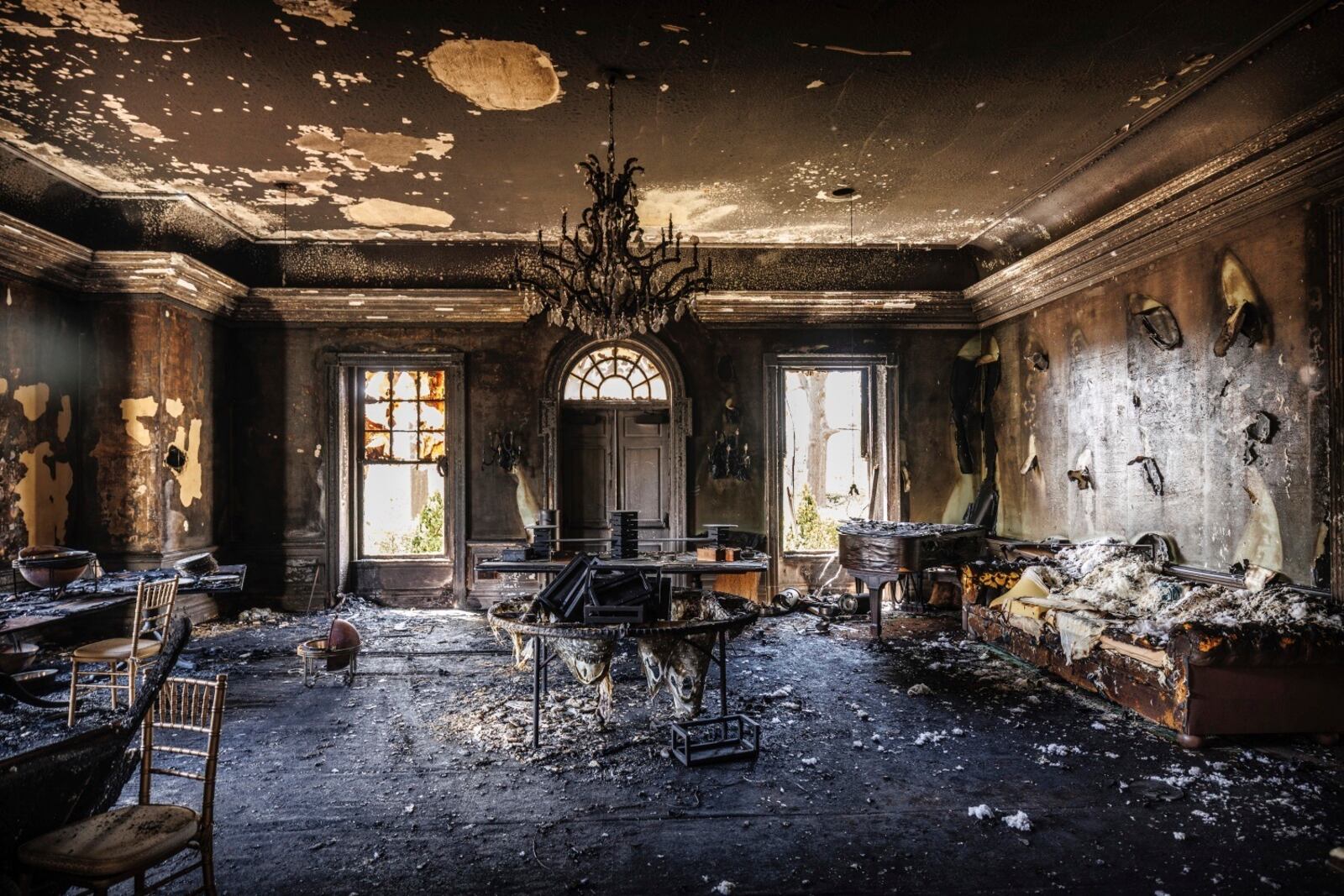 This image provided by Commonwealth Media Services shows damage after a fire at the Pennsylvania governor’s mansion while Democratic Gov. Josh Shapiro and his family slept inside on Sunday, April 13, 2025, in Harrisburg, Pa. (Commonwealth Media Services via AP)