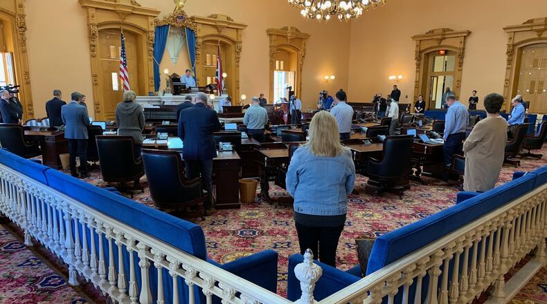 State senators met Wednesday to pass legislation to address the coronavirus crisis. Lawmakers spread out in the Ohio Senate chamber and were instructed to wear casual clothes that can be more easily laundered than dry-clean only suits.