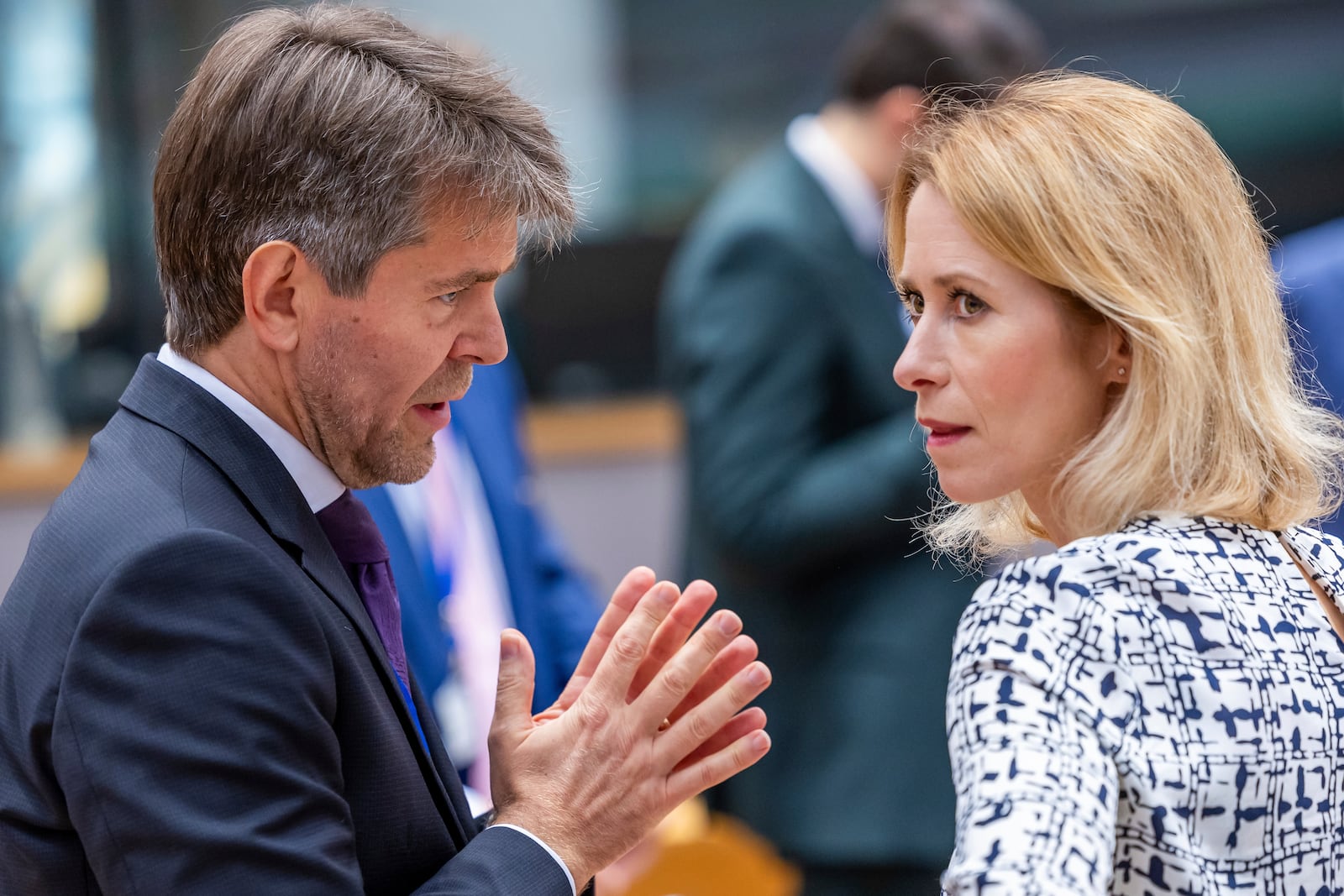 Slovakia's State Secretary for Foreign and European Affairs Marek Estok, left, talks with European Union foreign policy chief Kaja Kallas during the EU foreign ministers meeting at the EU Council building in Brussels, Tuesday, July 15, 2025. (AP Photo/Geert Vanden Wijngaert)