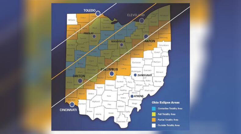 The Ohio Dept. of Natural Resources shows where a total solar eclipse will be visible in Ohio on April 8, 2024. CONTRIBUTED