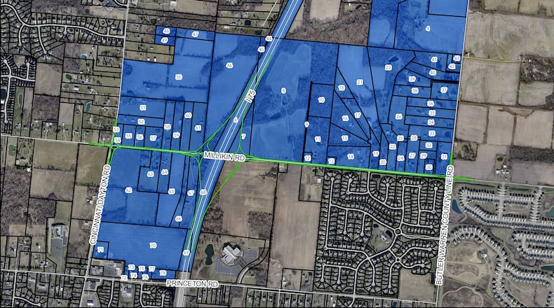 Liberty Twp. trustees removed 12 properties totaling 233 acres before approving the Millikin Innovation District zoning along the Millikin Road corridor as pictured here. Contributed map.