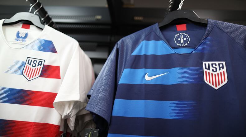 MIAMI, FL - JUNE 13: Team USA jerseys are seen as the World Cup tournament being held in Russia is set to kickoff on June 13, 2018 in Miami, Florida. As the world prepares for the kickoff of the World Cup soccer tournament tomorrow, FIFA announced today that North America will host the tournament in 2026. (Photo by Joe Raedle/Getty Images)