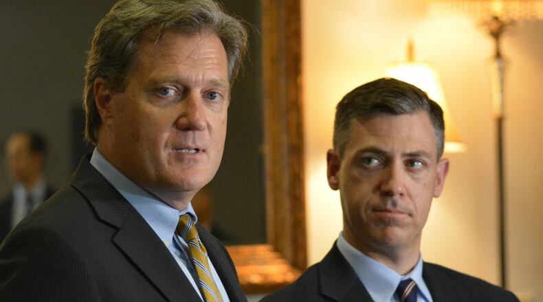 U.S. Rep. Mike Turner, R- Dayton (at left) and U.S. Rep. Jim Banks, R- Columbia City, Indiana, at a press conference at the Hope Hotel Tuesday after touring Wright-Patterson Air Force Base. Both serve on the House Armed Services Committee. JIM OTTE/STAFF
