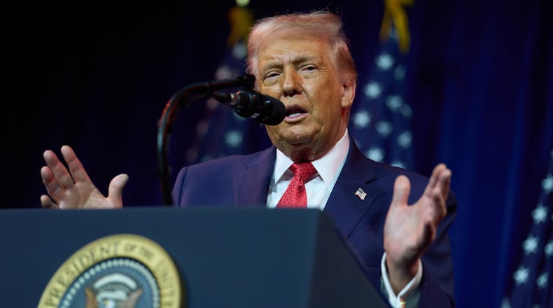 President Donald Trump speaks to House Republican lawmakers during their annual policy retreat, Tuesday, Jan. 6, 2026, in Washington. (AP Photo/Evan Vucci)