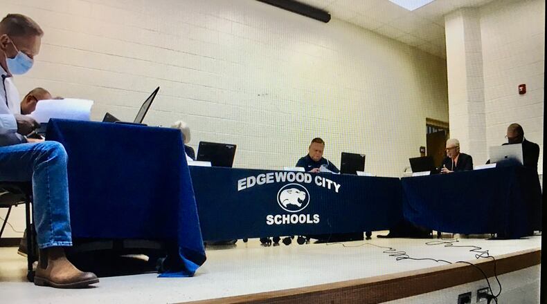 Members of the Edgewood Board of Education discussed Tuesday the possible need of asking local voters for a school tax increase to help offset a projected budget deficit in the coming years. The board took no actions but listened to the district treasurer present Edgewood's five-year budget projection as required twice a year by the state. (Photo By Michael D. Clark\Journal-News)
