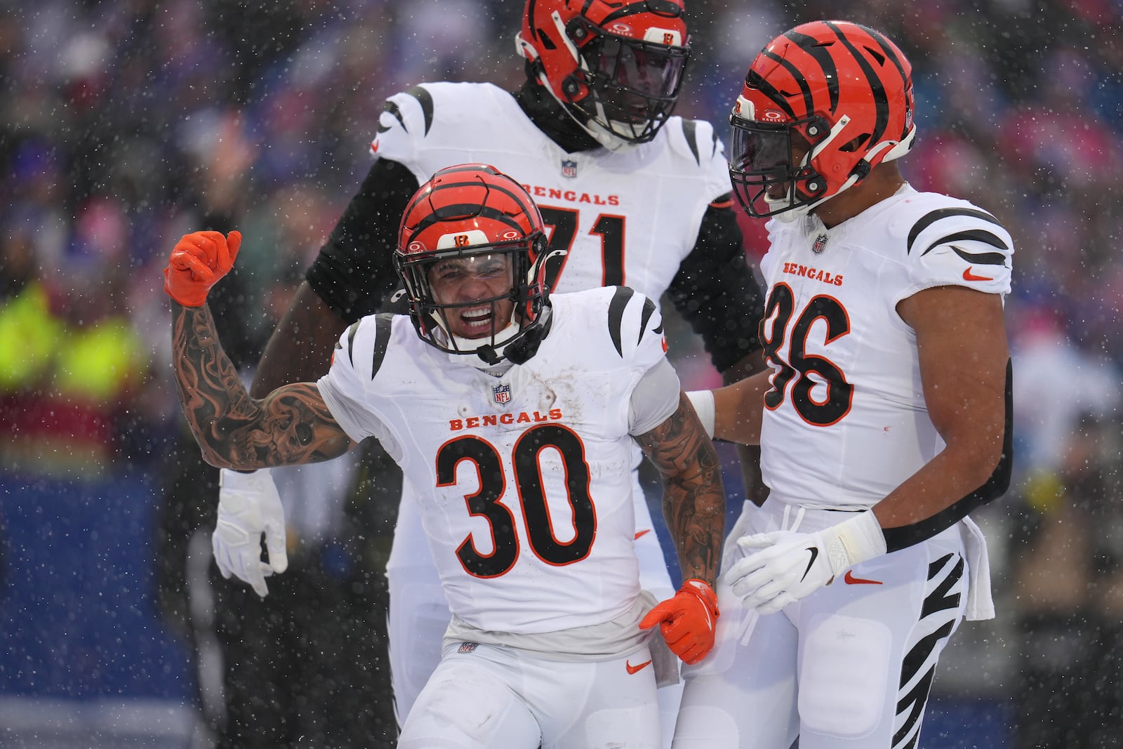 Cincinnati Bengals running back Chase Brown (30) celebrates scoring a touchdown with offensive tackle Amarius Mims (71) and tight end Noah Fant (86) during the first half of an NFL football game against the Buffalo Bills, Sunday, Dec. 7, 2025, in Orchard Park, N.Y. (AP Photo/Gene J. Puskar)