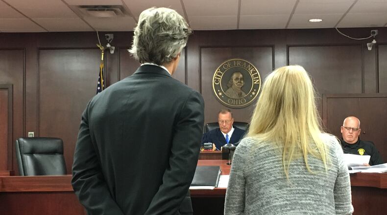 Brooke Skylar Richardson, right, and her attorney Charles M. Rittgers appear before Judge Rupert E. Ruppert last Friday during her arraignment hearing in Franklin Municipal Court. Richardson, 18, is charged with reckless homicide for the May death of her baby after its remains were found in the backyard of her home. If convicted of the third-degree felony, she faces one to five years in prison. ED RICHTER/STAFF