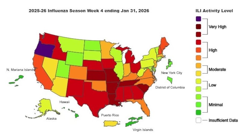 This is the weekly Outpatient Respiratory Illness Activity map from the CDC, for the week ending Jan 31, 2026.