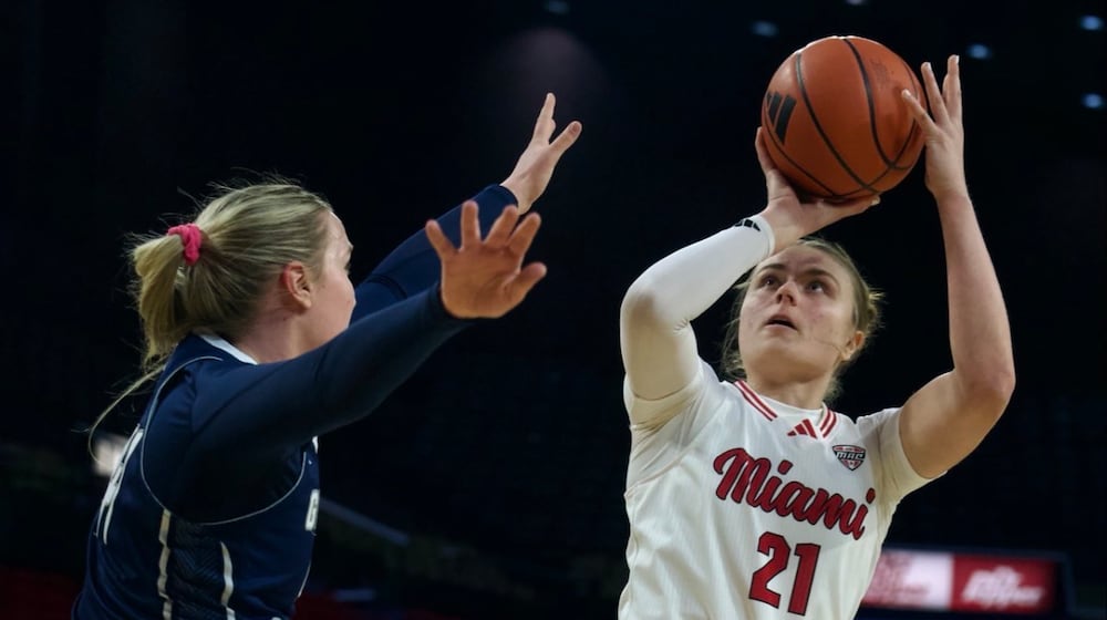 Miami's Ilse de Vries puts up a shot during her game against Georgia Southern on on Saturday, Feb. 7, 2026 afternoon at Millett Hall. MIAMI ATHLETICS PHOTO