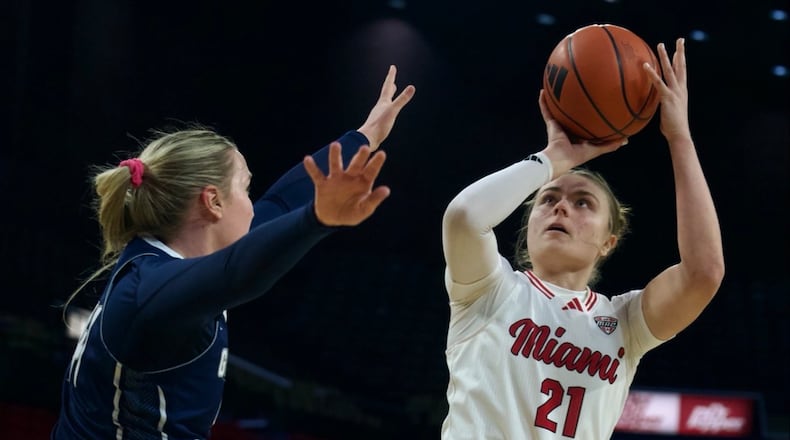 Miami's Ilse de Vries puts up a shot during her game against Georgia Southern on on Saturday, Feb. 7, 2026 afternoon at Millett Hall. MIAMI ATHLETICS PHOTO