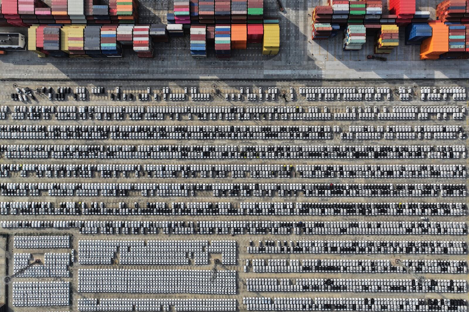 New Volvo vehicles waiting for shipment at the Yangtze port, in Nanjing city in east China's Jiangsu province, Wednesday, April 9, 2025. (Chinatopix Via AP)