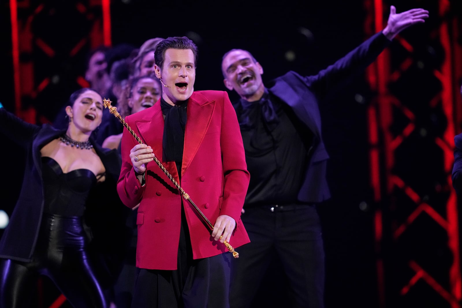 Jonathan Groff, center, performs a medley from "Hamilton" during the 78th Tony Awards on Sunday, June 8, 2025, at Radio City Music Hall in New York. (Photo by Charles Sykes/Invision/AP)