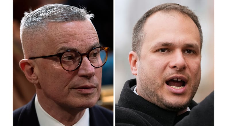 This combination image shows Jim McGreevey, left, in Trenton, N.J., Jan. 10, 2023, and James Solomon, Nov. 25, 2025, in Jersey City, N.J. (AP Photo/Matt Rourke, Frank Franklin II, file)