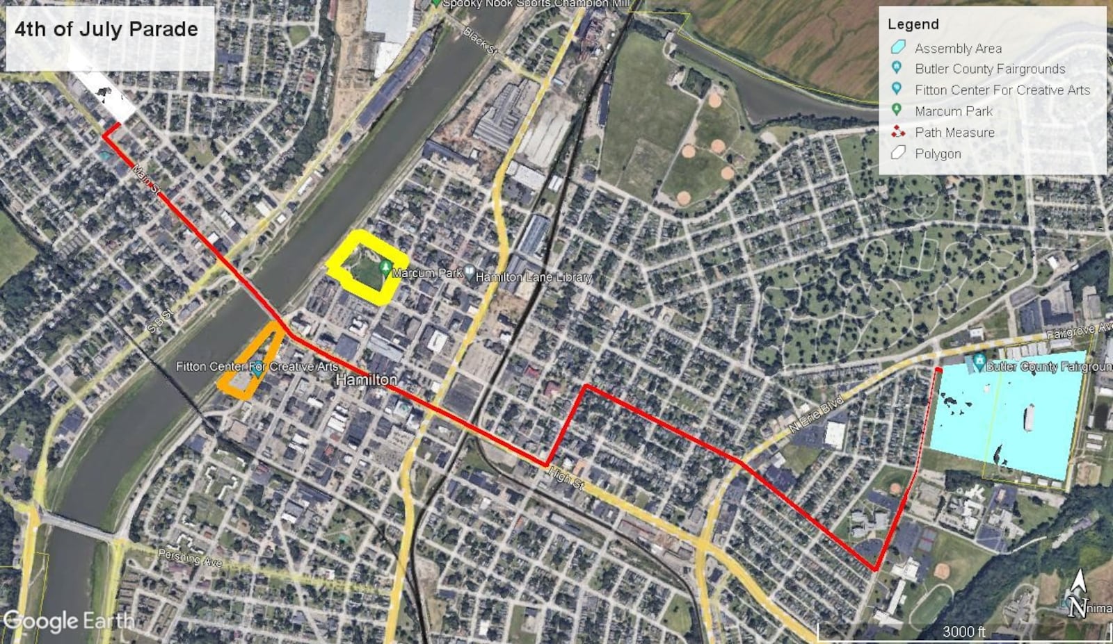 This is the parade route for the 2022 Fourth of July parade in Hamilton. It steps off at 10 a.m. from the Butler County Fairgrounds and goes down High Street, crosses the High-Main Bridge and ends on Main Street at F Street. PROVIDED