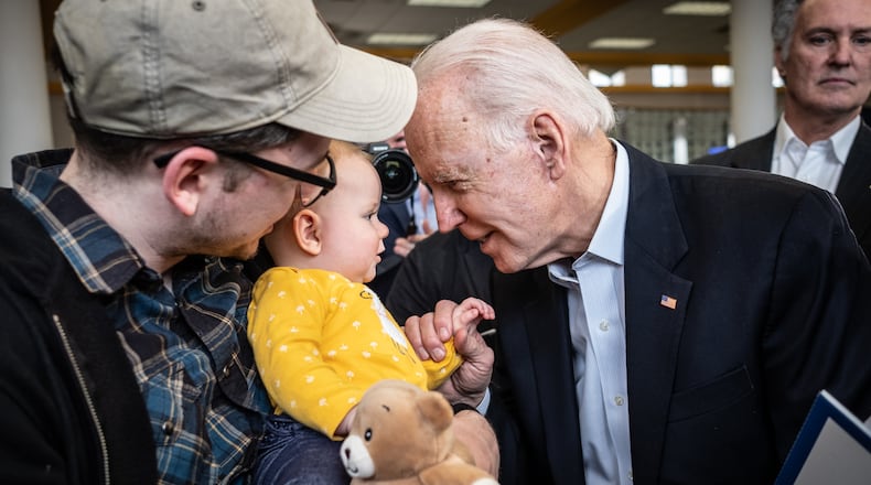 Former Vice President Joe Biden, a Democratic presidential candidate, greets attendees at a campaign event at Calrke University in Dubuque, Iowa, Feb. 2, 2020. (Mark Makela/The New York Times)