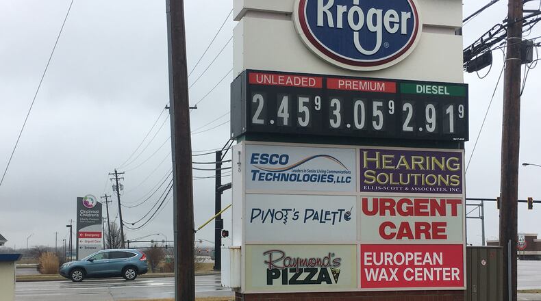 Gasoline was priced at $2.45 Thursday at the Kroger in Liberty Twp. MIKE RUTLEDGE/STAFF