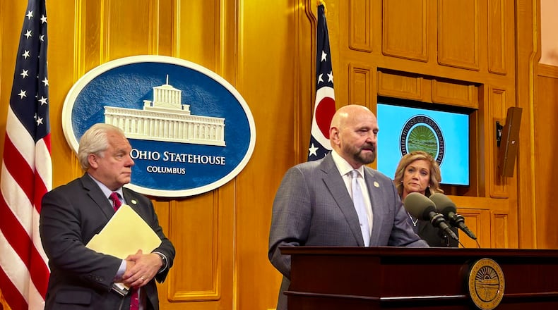 Rep. Tom Young, R-Washington Twp., addresses the media alongside Rep. Phil Plummer, R-Butler Twp., and Ohio Department of Children and Youth Director Kara Wente on Jan. 14, 2026.