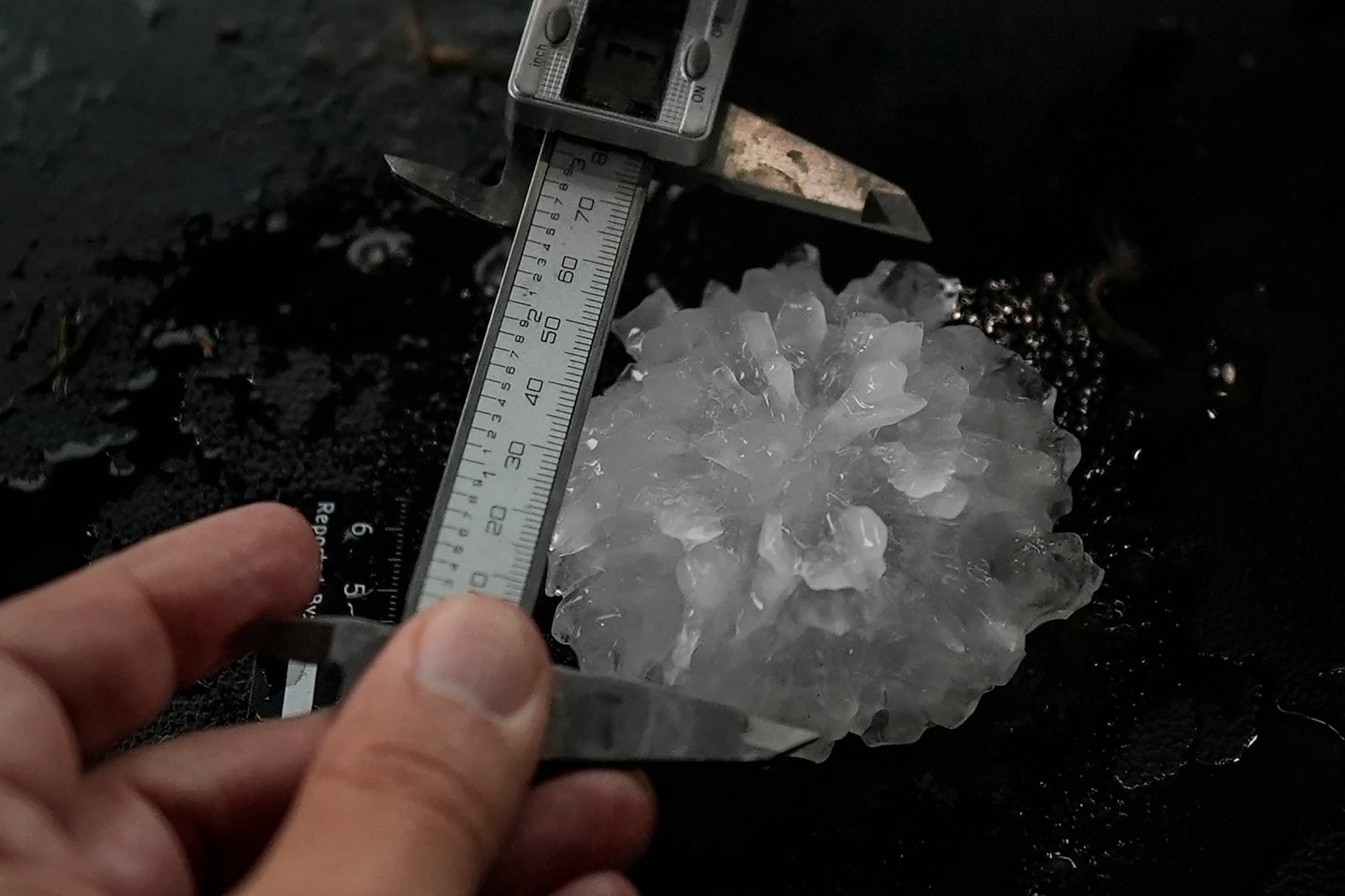 Forensic engineer Tim Marshall measure a large hail shaped like a rose between the front seats of Northern Illinois University's Husky Hail Hunter during a Project ICECHIP operation Friday, June 6, 2025, in Morton, Texas. (AP Photo/Carolyn Kaster)