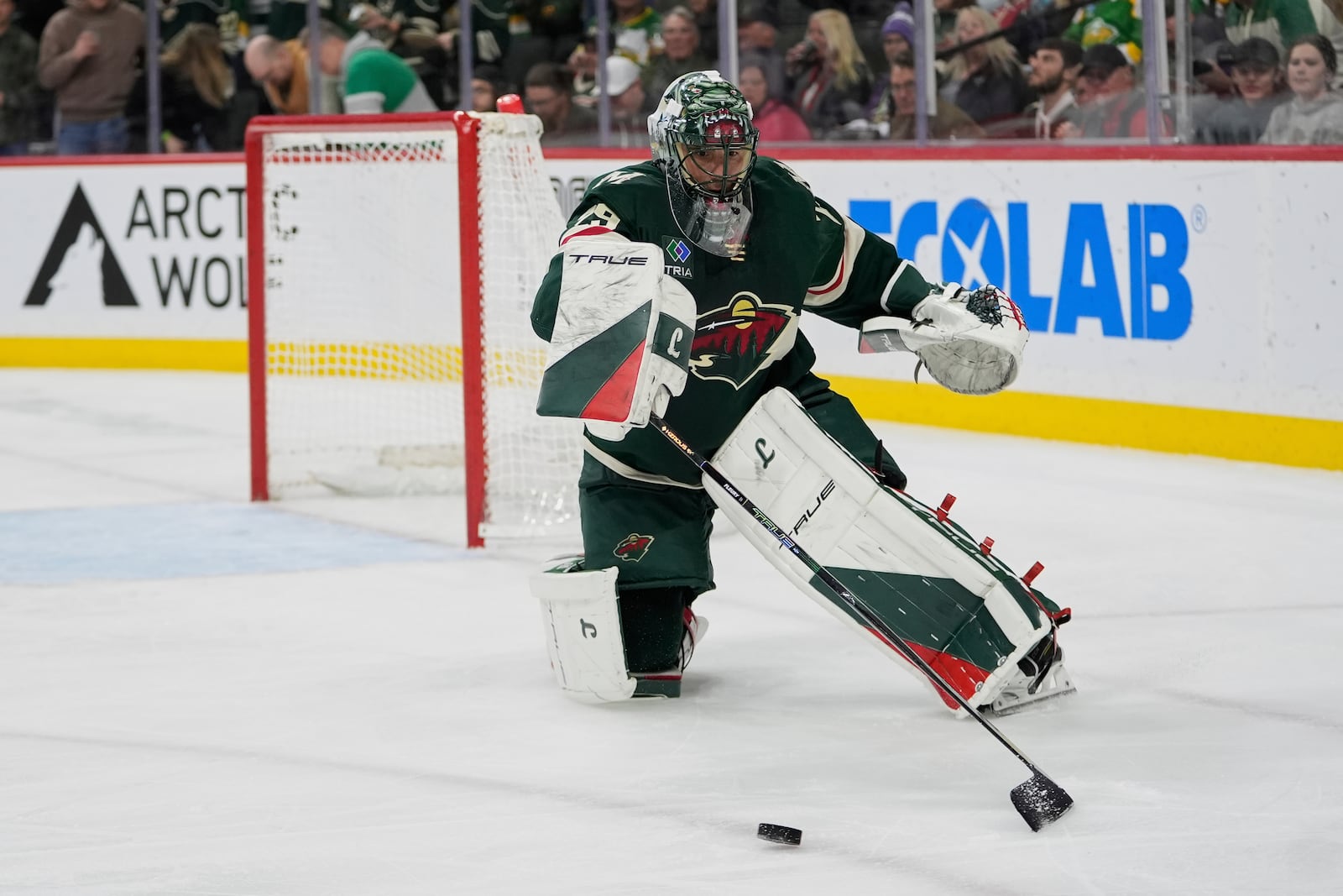 Minnesota Wild goaltender Marc-Andre Fleury (29) stops the puck during the second period of an NHL hockey game against the San Jose Sharks, Wednesday, April 9, 2025, in St. Paul, Minn. (AP Photo/Abbie Parr)