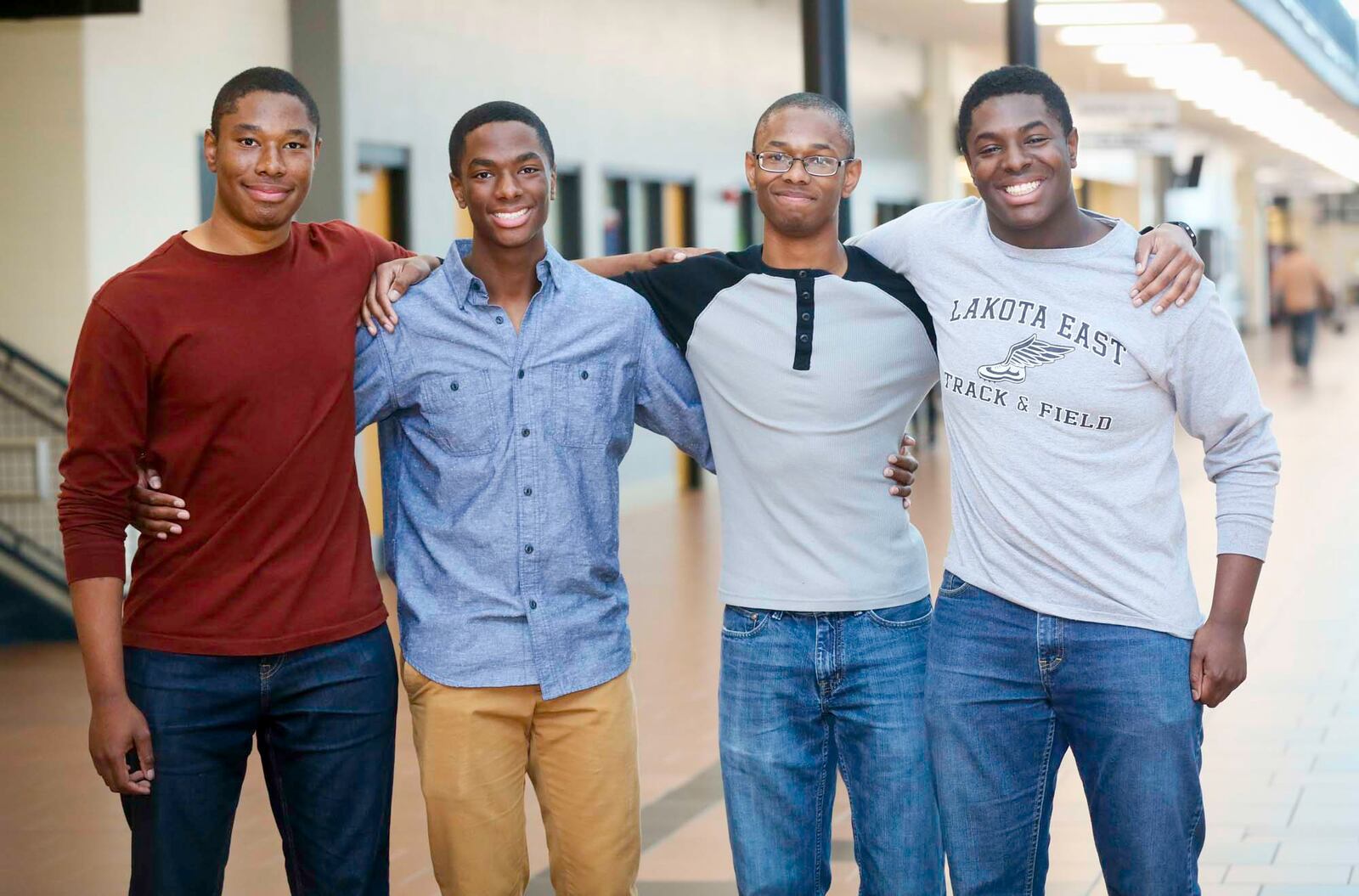 Lakota East seniors and quadruplets brothers Zachary, Aaron, Nigel, and Nick Wade have all been accepted to several Ivy league school and have attracted national media attention for their accomplishments. GREG LYNCH / STAFF