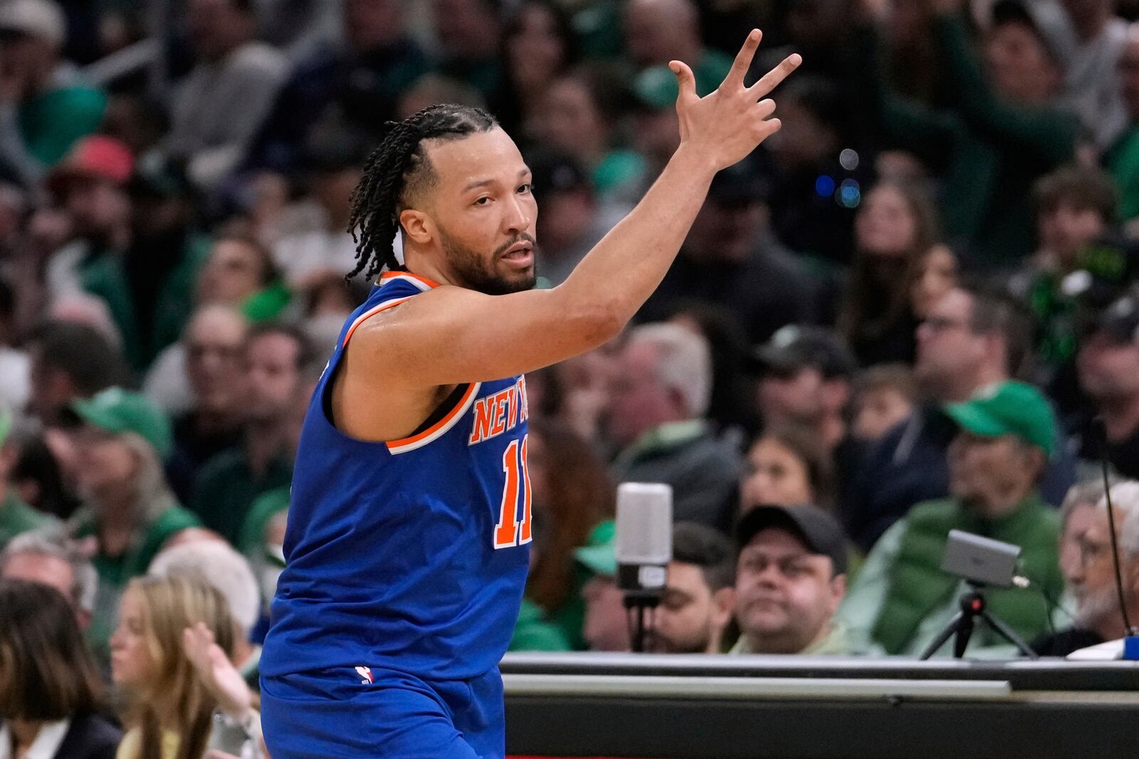 New York Knicks guard Jalen Brunson celebrates after hitting a 3-point basket against the Boston Celtics during Game 1 of an NBA basketball second-round playoff series Monday, May 5, 2025, in Boston. (AP Photo/Charles Krupa)