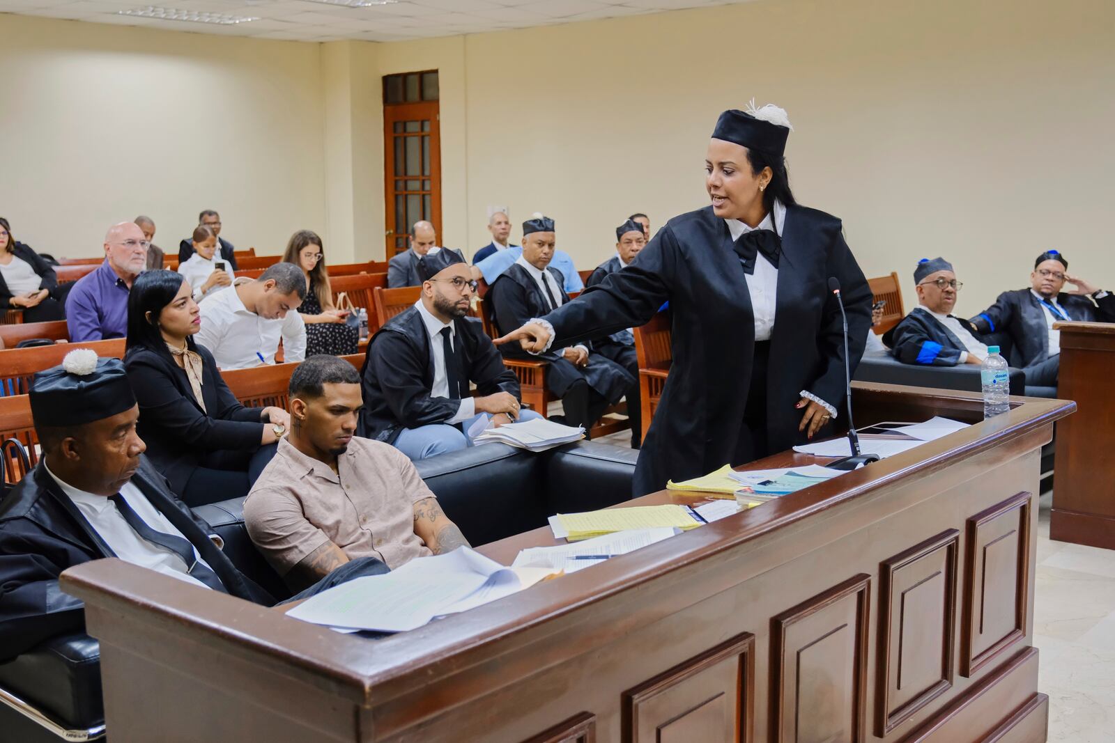 Tampa Bay Rays shortstop Wander Franco, center, sits in court during his trial on charges of sexual abuse of a minor in Puerto Plata, Dominican Republic, Monday, June 23, 2025. (AP Photo/Ricardo Hernandez)