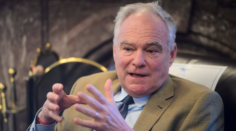 FILE - Sen. Tim Kaine, D-Va., speaks during a press briefing on the Iran war powers resolution at the Capitol, March 9, 2026, in Washington. (AP Photo/Rod Lamkey, Jr., File)