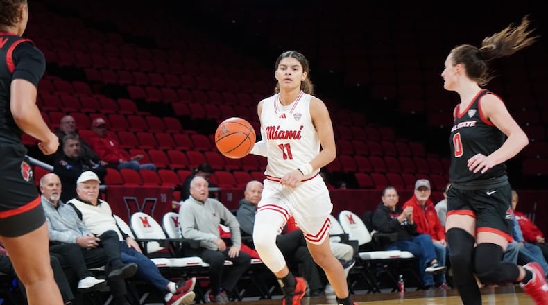 Miami's Enjulina Gonzalez (11) brings the ball up court against Ball State on Wednesday at Millett Hall. Miami Athletics photo