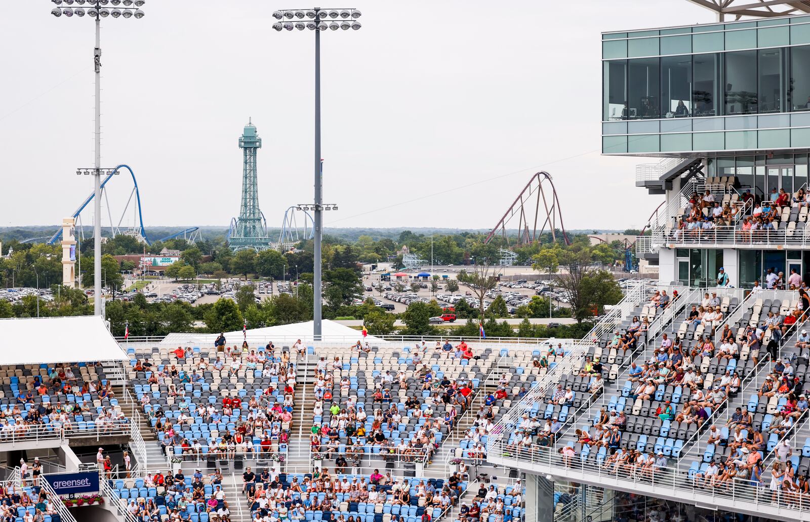 Kings Island is visible in the background from center court at Cincinnati Open tennis tournament Thursday, Aug. 15, 2024 at Lindner Family Tennis Center in Mason. 