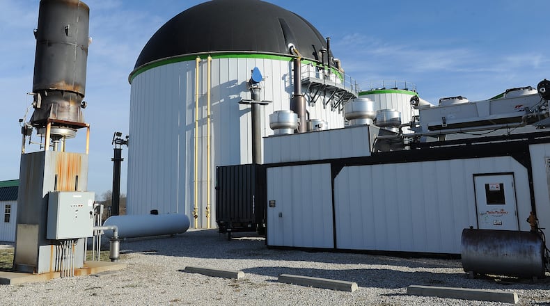 The Dovetail biodigester, operated by Renergy, Inc., uses an anerobic process to break down food waste and manure into fertilizer and methane gas for electricity in Greene County. The breakdown process happens in a sealed dome with the energy generated in a smaller building. MARSHALL GORBY\STAFF