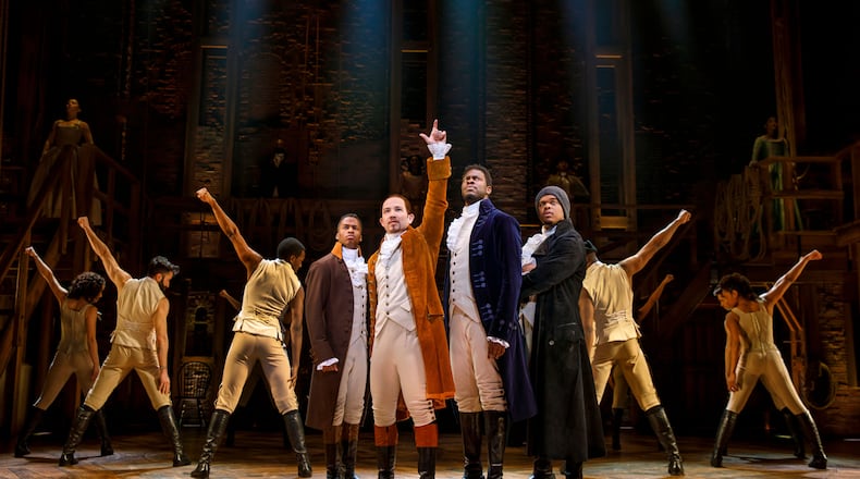 (left to right) Elijah Malcomb, Joseph Morales, Kyle Sutcliffe, Fergie L. Phillippe, and the cast of "Hamilton."