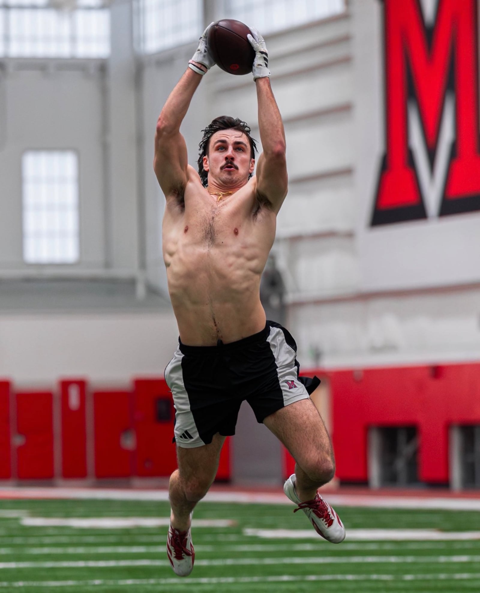Silas Walters, a Lakota West graduate, works out during Miami University's Pro Day on Tuesday morning in Oxford. MIAMI ATHLETICS PHOTO