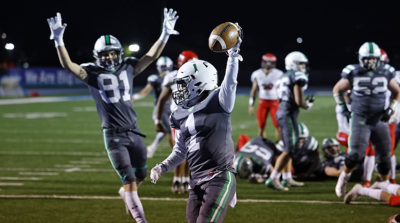 Badin running back Carter Russo carries the ball in for a touchdown during their 17-0 win over Lima Shawnee in their regional quarterfinals football playoff game Friday, Nov. 5, 2021 at Hamilton’s Virgil M. Schwarm Stadium. NICK GRAHAM / STAFF