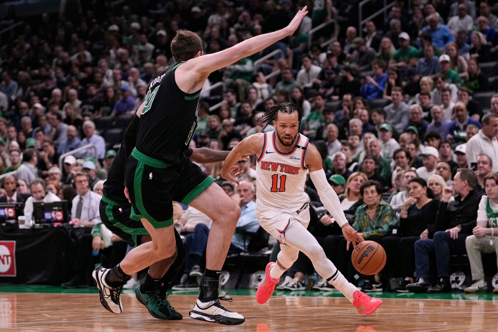 during the second half of Game 5 of an NBA basketball second-round playoff series, Wednesday, May 14, 2025, in Boston. (AP Photo/Charles Krupa)